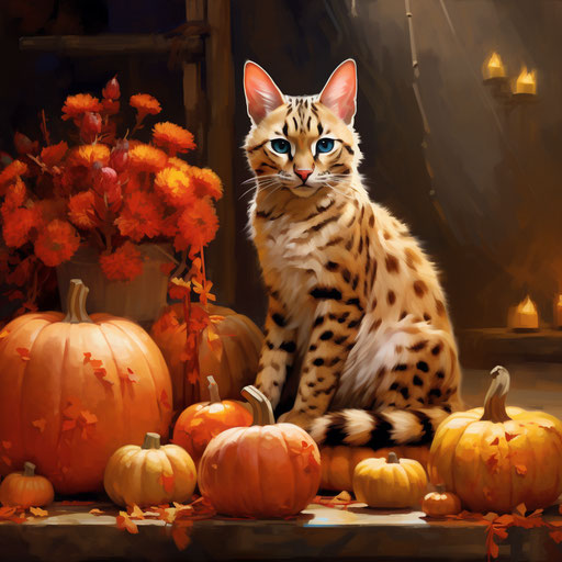 Serval cat relaxing with pumpkins