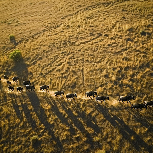 Wildebeest crossing in golden grasslands at sunrise