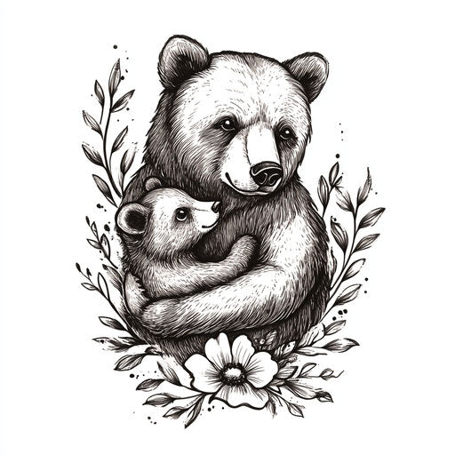 Flat tattoo sketch of father bear and cub on white background