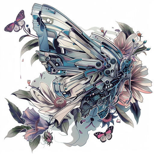 Biomechanical butterfly merging with futuristic flowers, unique tattoo design, on a white backdrop.