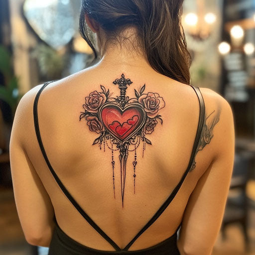 Mom heart tattoo with heart, dagger, and roses