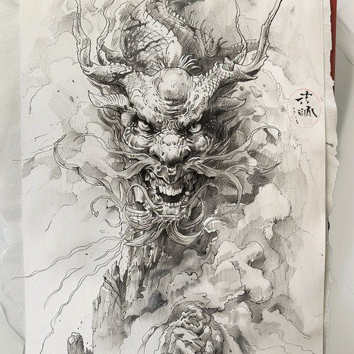 Japanese demons emerging from misty mountains