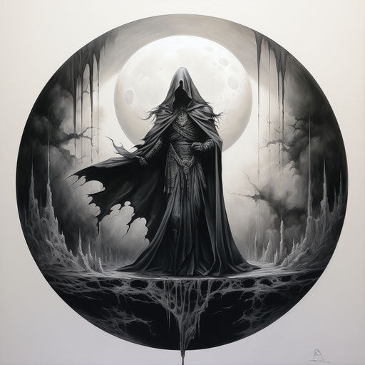 Black and white tattoo of a full moon in occultist style