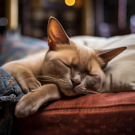 Burmese cat asleep on a couch