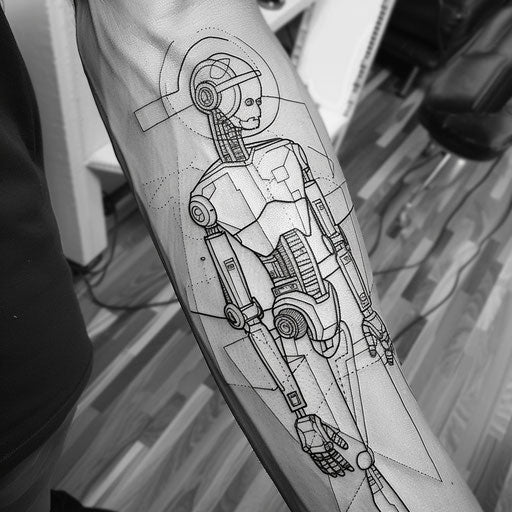 Outline tattoo of a robot, in the style of Humberto Ramos