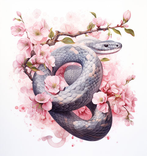 serpent and blossoms in old school style, glittery and pink
