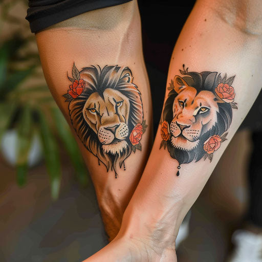 Matching couple tattoo with lion and lioness designs, in Ami James style