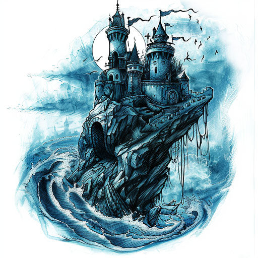 Adventurous tattoo sketch of a castle at the edge of a cliff overlooking the sea, in stormy blues and grays, styled in a dramatic clipart design