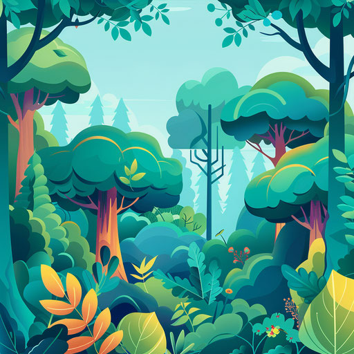 Cartoon forest in photo realistic style on flat turquoise background