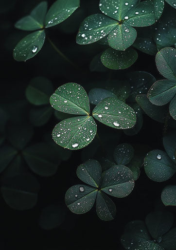 Shamrock, four-leaf clover, dark background, water droplets on the leaves, simple, elegant, hyper-realistic photography.
