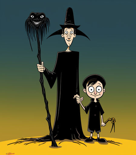 Black witch & boy with scythe, witty cartoons style, gesture, shiny, relatable personality, ghostcore 67:76