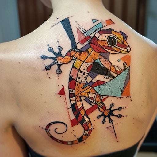 Abstract flat tattoo sketch with a gecko in fragmented, vivid colors