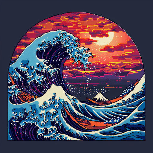 Sketch of a Japanese wave in digital pixel art style reimagined in clipart form