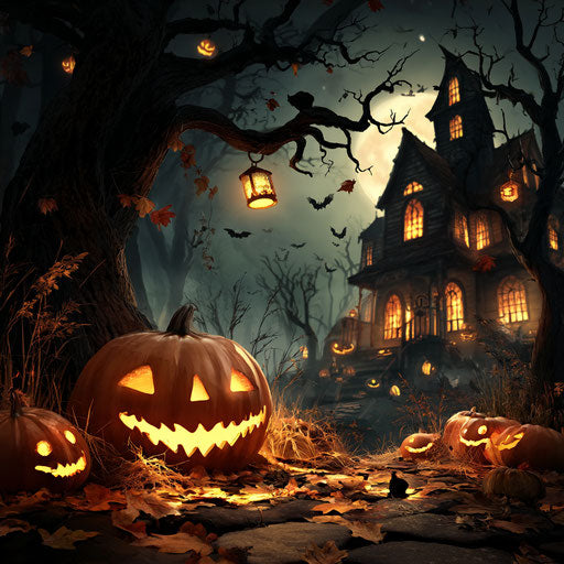Halloween Scene with Pumpkins and Haunted House