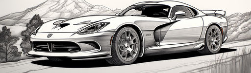Dodge Viper car coloring pages, Rob Hefferan style, subtle play of light and shadow