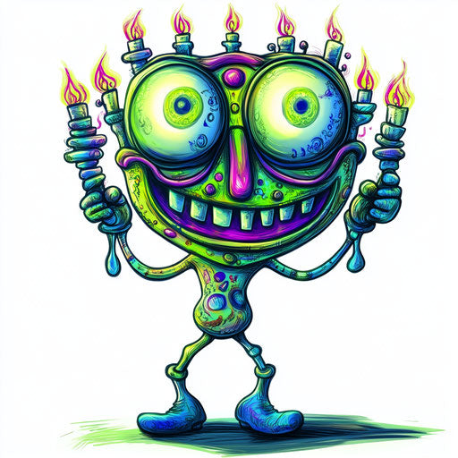 Humorous caricature of a menorah with human characteristics