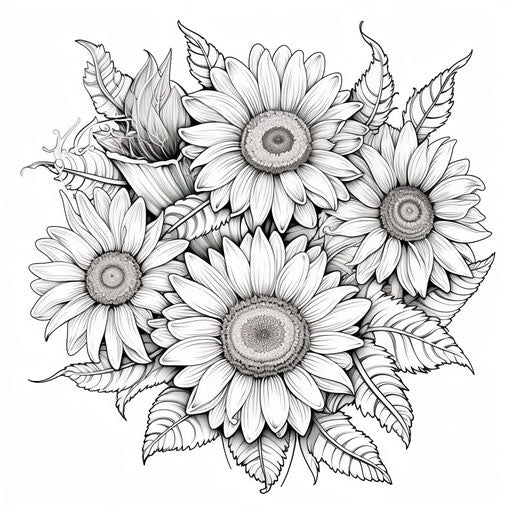 Sunflowers coloring pages, minimalist illustrations