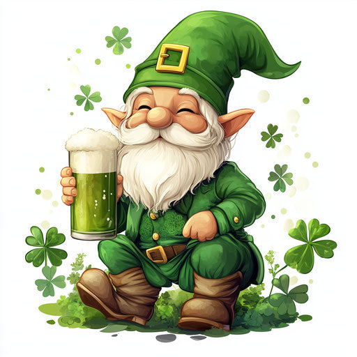 St. Patrick's Day gnome with green beer and clovers clipart, digital art