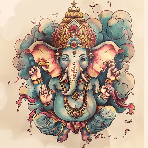 Dreamy tattoo sketch of Ganesha with pastel clouds and whimsical elements