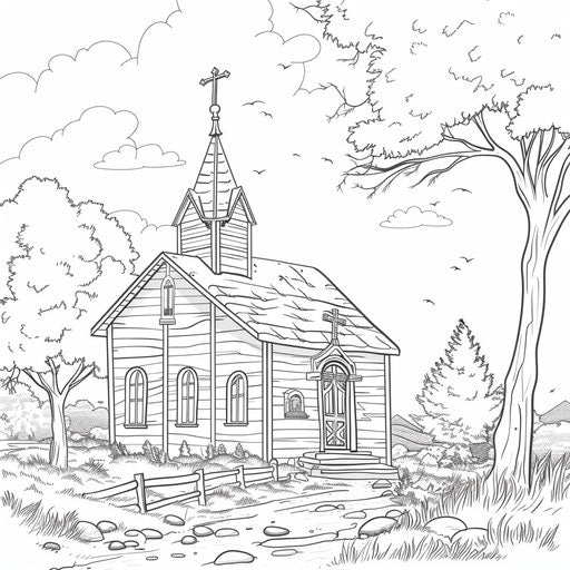 Village church with cross on door - Coloring book page