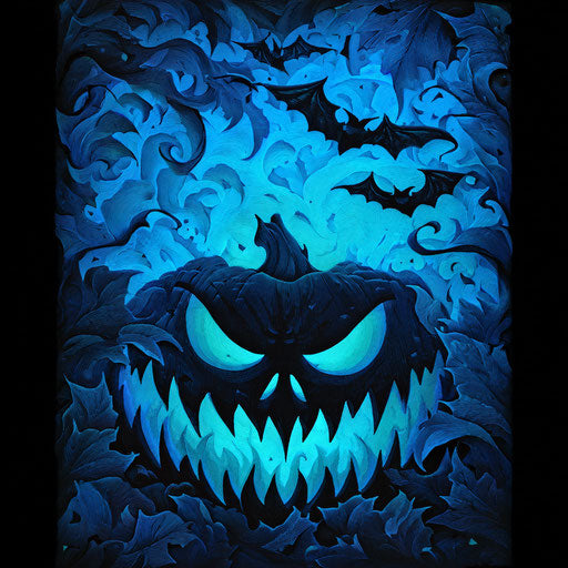 Black Jack-o'-Lantern and Bats in Blue Glow