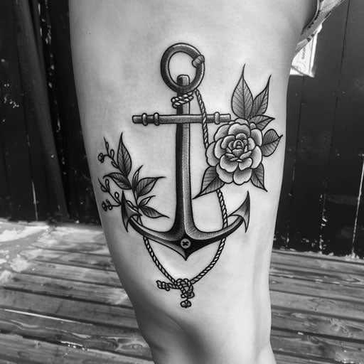 Classic thigh anchor tattoo in the style of Sailor Jerry