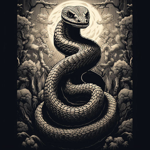Black and white illustration of a snake in the style of mythology, realistic, Shepard Fairey, cobra, Necronomicon illustrations