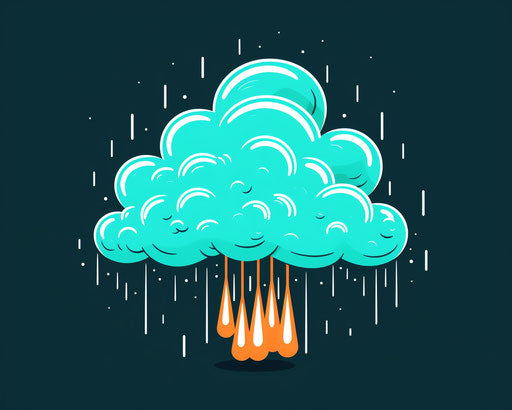 Rain cloud with lightning and rain, turquoise and orange