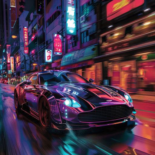 Cyberpunk-inspired Aston Martin DB7 Zagato driving through neon-lit streets