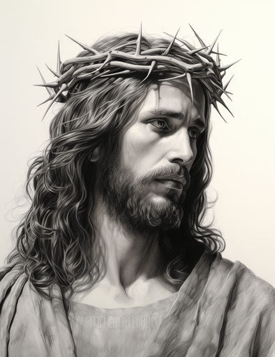 Jesus with crown and heart displaying crown of thorns, realistic graphite drawing style