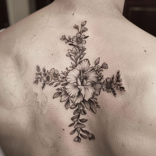 Detailed botanical cross tattoo for men