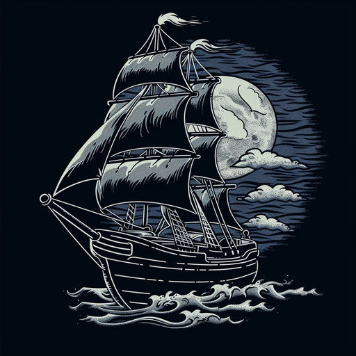 Vintage flat tattoo of ship silhouette in dark navy blue