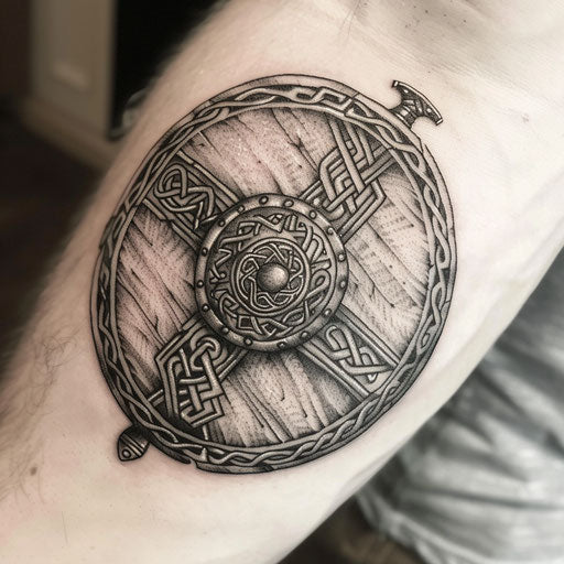 Celtic warrior shield tattoo, detailed patterns on white background