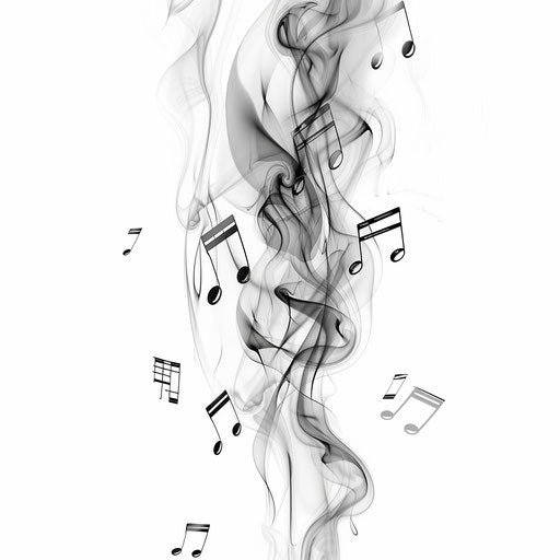 Musical notes in smoke as tattoo on white background