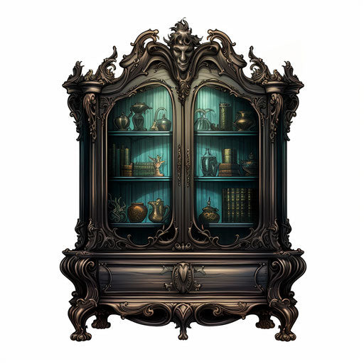 Illustration of cabinet in the style of Chiaroscuro Art, on white background