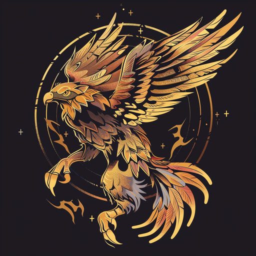 Dynamic flat tattoo sketch of a griffin in flight, golden and bronze tones, clipart style