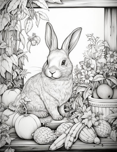 Adult coloring page with a bunny and a carrot