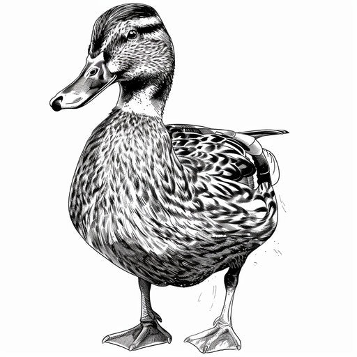 Detailed line art of a mallard duck, tattoo design on white background