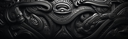 Black and white ornate design in afrofuturism style, mountain vistas, maori art, furaffinity, calarts 16:5