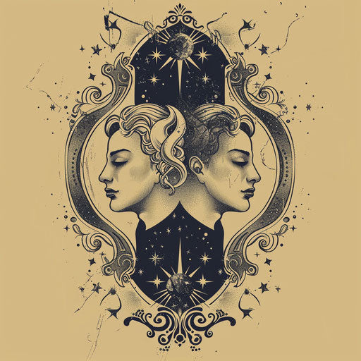 Flat vintage-inspired tattoo sketch of the Gemini constellation with ornate Art Nouveau details