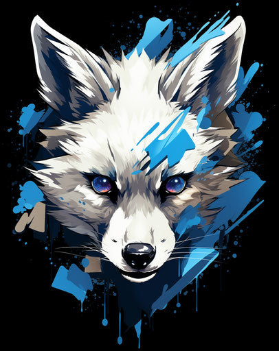 Arctic fox with blue eyes, silver graphic design flair