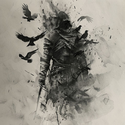 Avant-garde tattoo sketch of a knight dissolving into crows, with a black and grey smoky effect