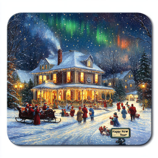 Snow-covered Christmas house with northern lights