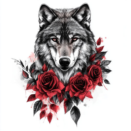 Wolf and roses tattoo sketch in black and red