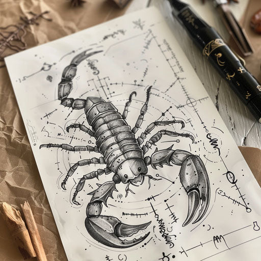 Mystical scorpion tattoo design with astrological symbols and ancient runes on white paper