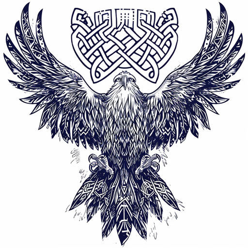 Nordic style eagle tattoo design with runes and Viking art motifs on white background