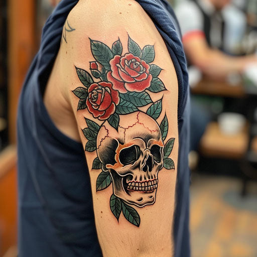 Traditional skull and roses tattoo symbolizing the duality of life and death, in Ed Hardy style