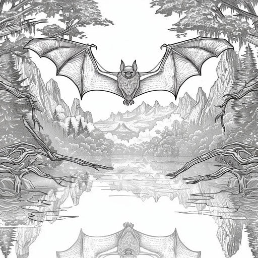 Detailed bat flying over misty lake with reflections