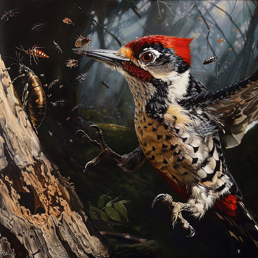 Action-packed scene of a woodpecker catching insects
