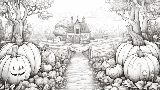 Halloween castle with pumpkins and decorations in the field